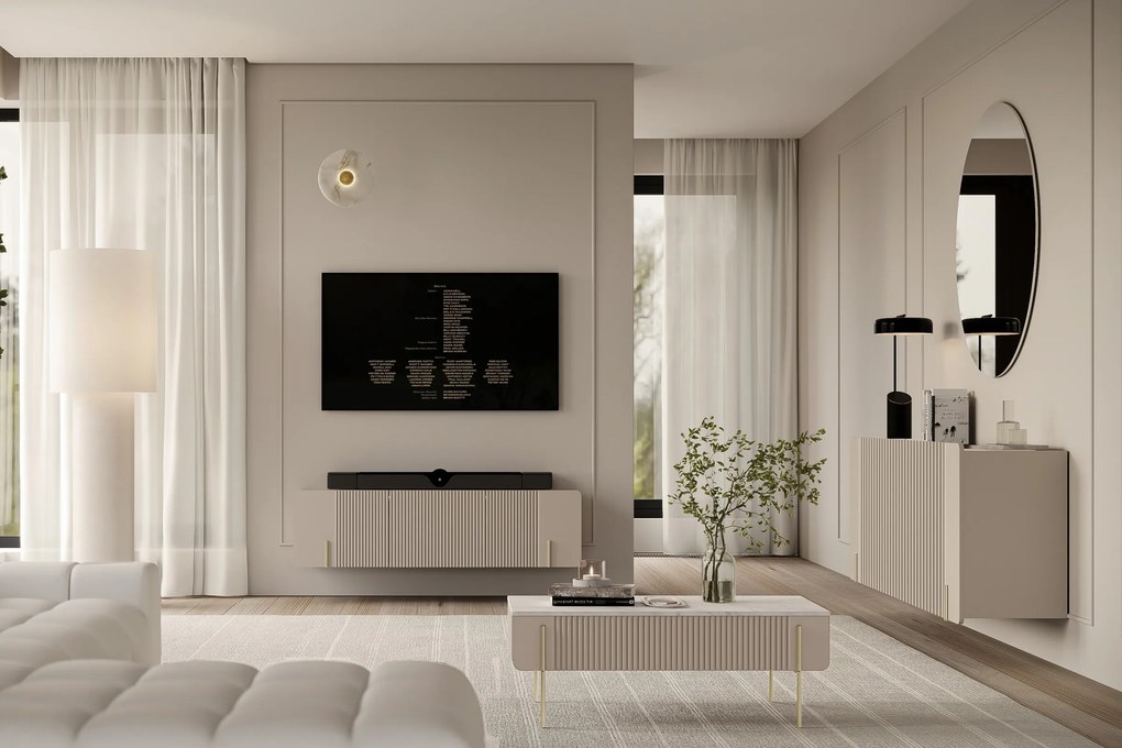 Závesný TV stolík Malmi 150 cm - kašmírová / crema bianca / zlatá