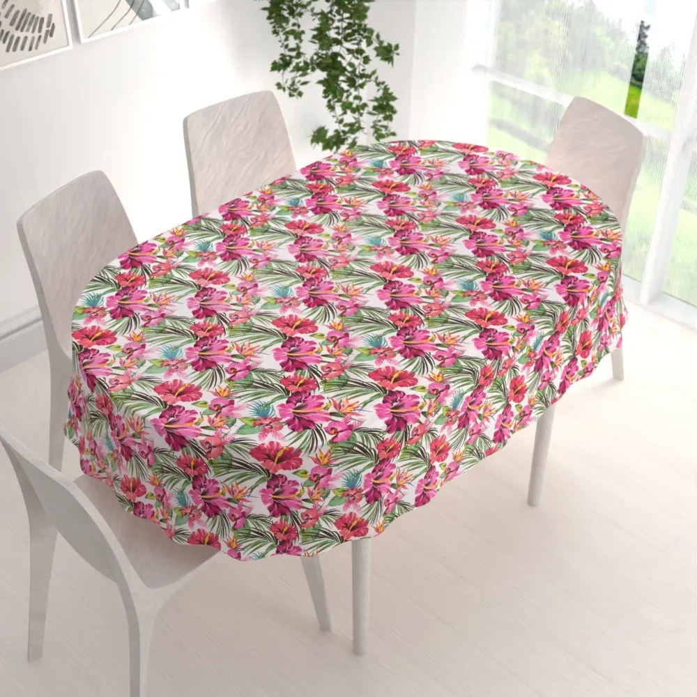 Biante Bavlnený oválny obrus Sandra SA-555 Ružovo-červené havajské kvety na bielom 60x100 cm