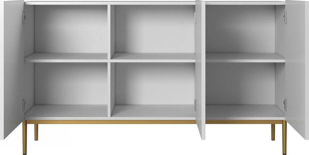 Biela komoda Nicole 150 cm s trojdverovým ryhovaným čelom - matná biela / zlaté nožičky