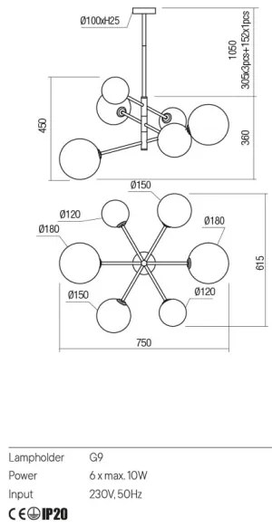 Redo 01-2780 - Luster na lanku ROY 6xG9/10W/230V