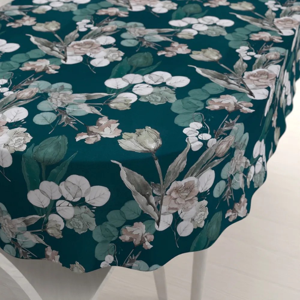 Biante Teflónový oválny obrus TF-058 Kvety s eukalyptom na tmavo zelenom 120x180 cm