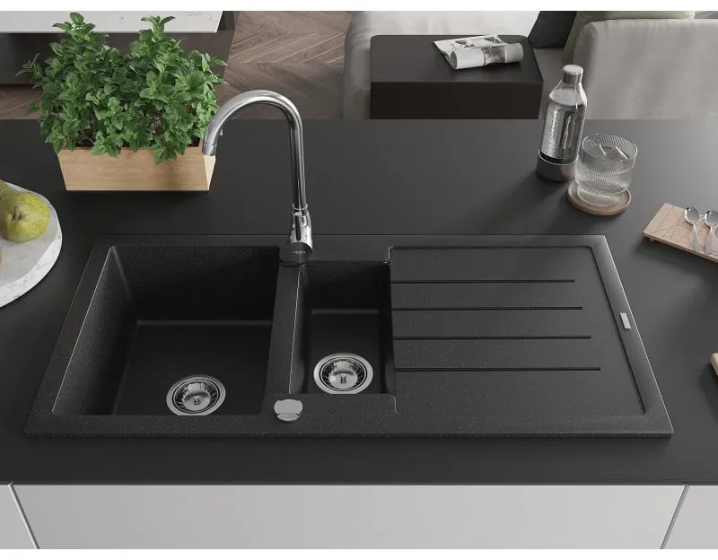 Mexen Andres - granitový drez 100,0x50,0cm, 1,5-komorový, čierna-strieborná, 6515101510-73