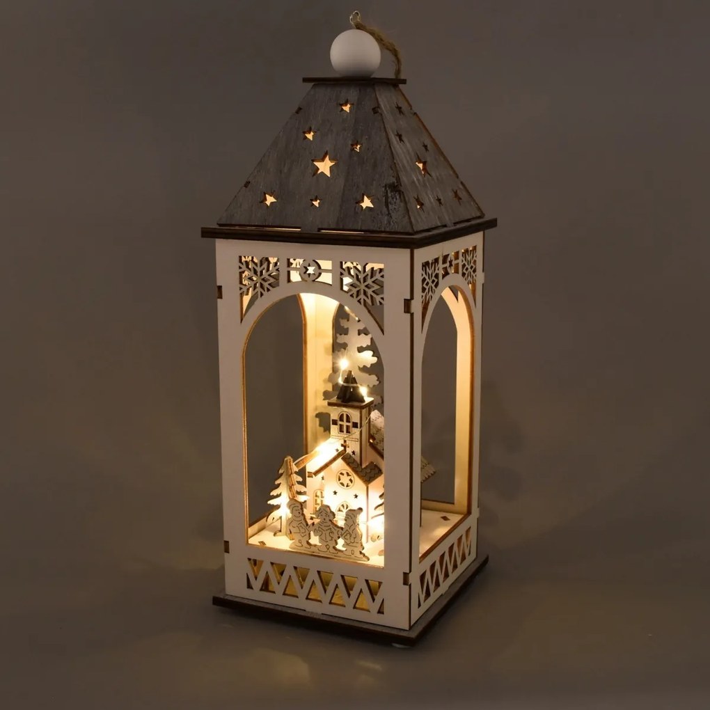 Drevený lampáš s vianočným motívom a LED osvetlením, 11 x 29 cm, teplá biela
