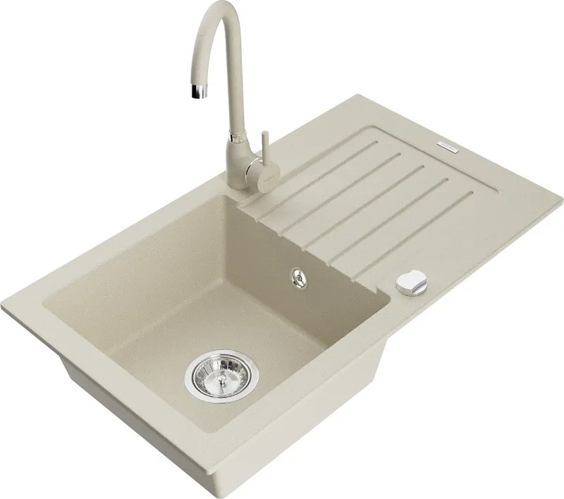 Mexen Pablo granitový jednokomorový drez s odkvapkávačom a kuchynskou batériou Telma, béžová - 6510-69-670200-69