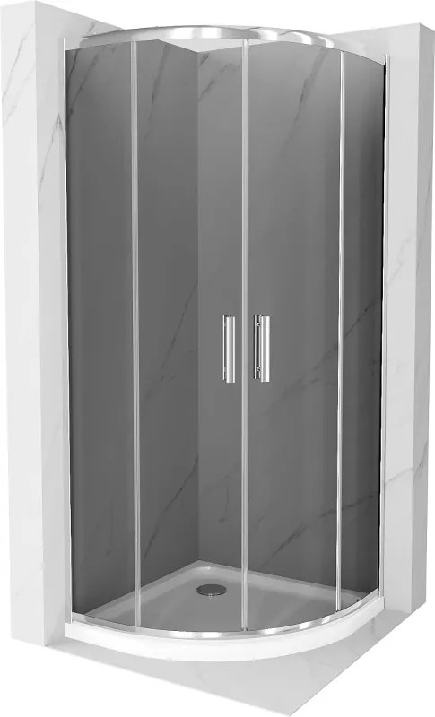 Mexen Rio, štvrťkruhový sprchovací kút s posuvnými dverami 90 x 90 cm, 6mm šedé sklo, chrómový profil + biela sprchová vanička, 863-090-090-01-40-4110