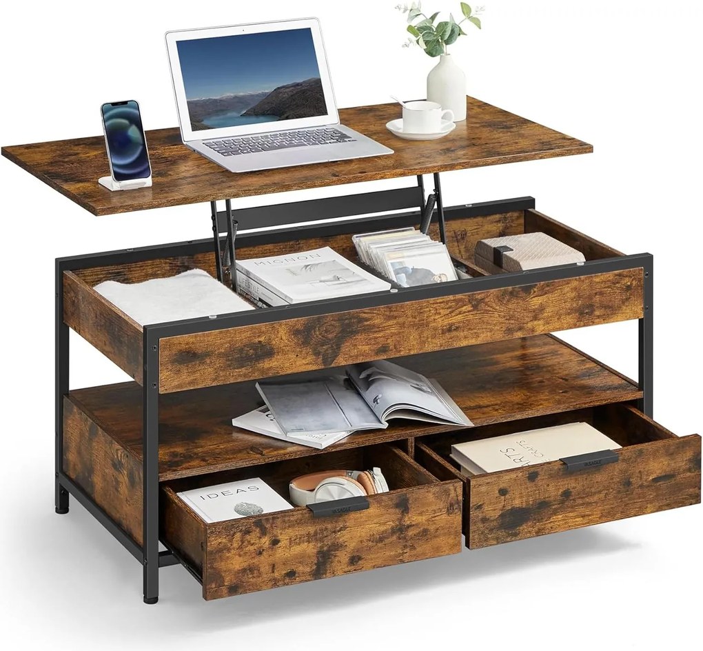 VASAGLE konferenčný stolík s otváracou doskou, v rustikálnej hnedej a atramentovo čiernej farbe