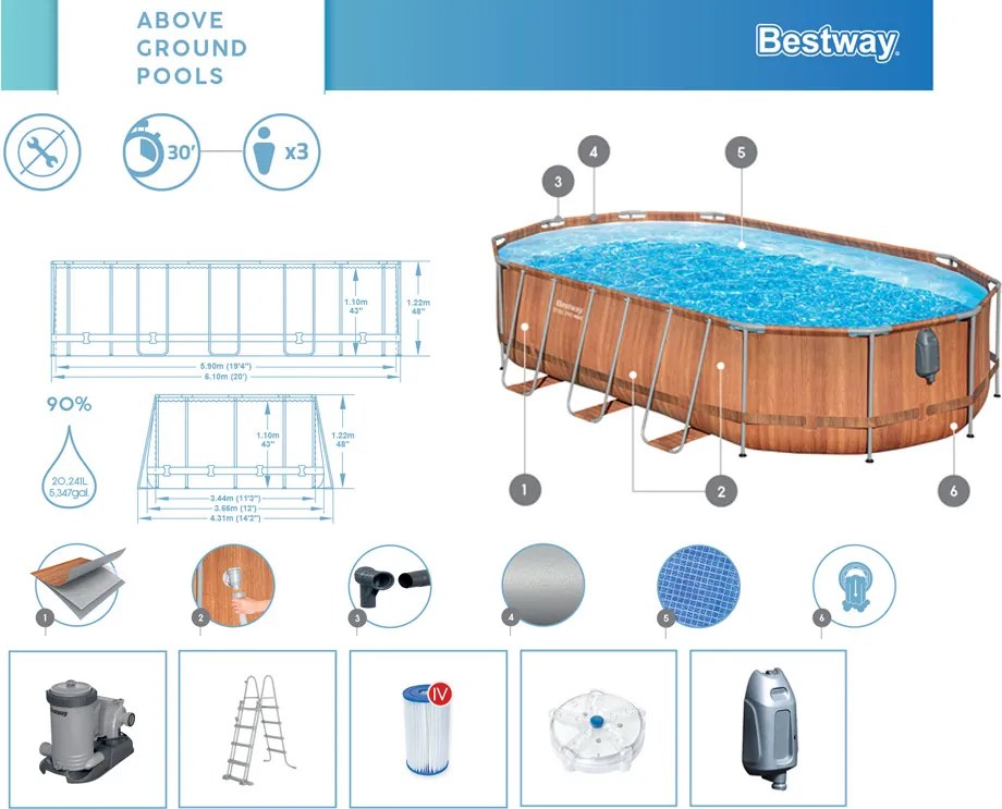 Bazén Bestway s rámom 610x366x122, 10 v 1, rebrík s pumpou + LED 56719