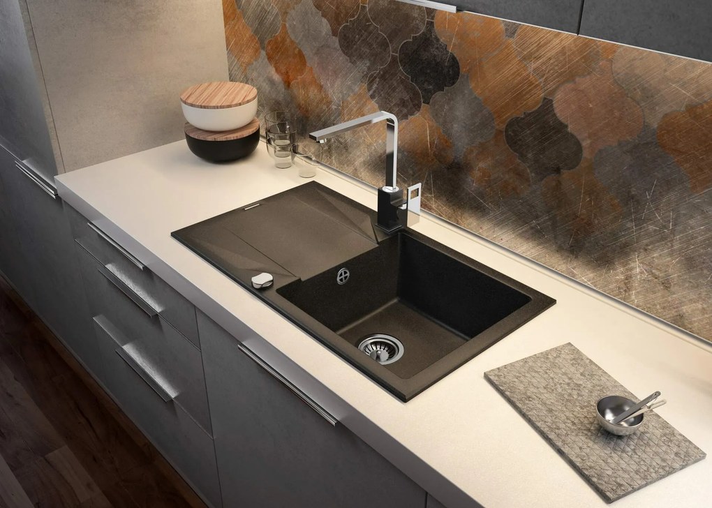 Deante Evora, granitový drez na dosku 780x440x193 mm, 3,5" + priestorovo úsporný sifón, 1-komorový, grafitová metalíza, ZQJ_G113