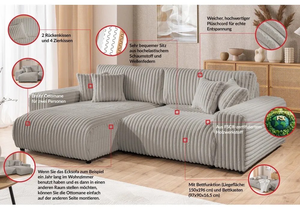 Svetlosivá menčestrová rozkladacia/s úložným priestorom rohová pohovka (ľavý roh) Sarina – Ropez