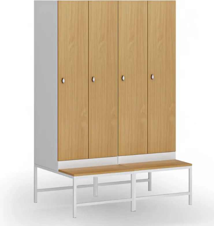 Šatníková skrinka S1 s lavičkou, 2 oddiely, 1875 x 600 x 500/800 mm, otočný zámok, laminované dvere, biela