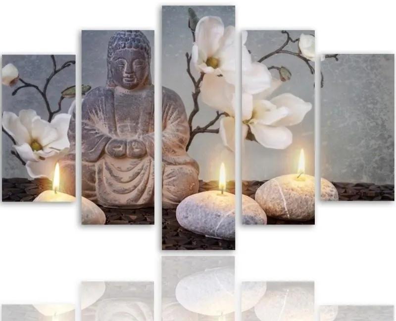 Obraz na plátně pětidílný Buddha Grey Flowers Stone - 200x100 cm