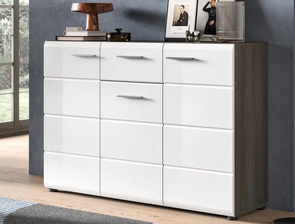 Komoda so zásuvkou Salsa, 120 cm, sivý dub/biely lesk