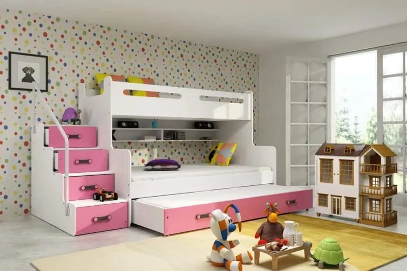 Poschodová posteľ s prístelkou MAX 3 rozšírená 200x120 biela - ružová