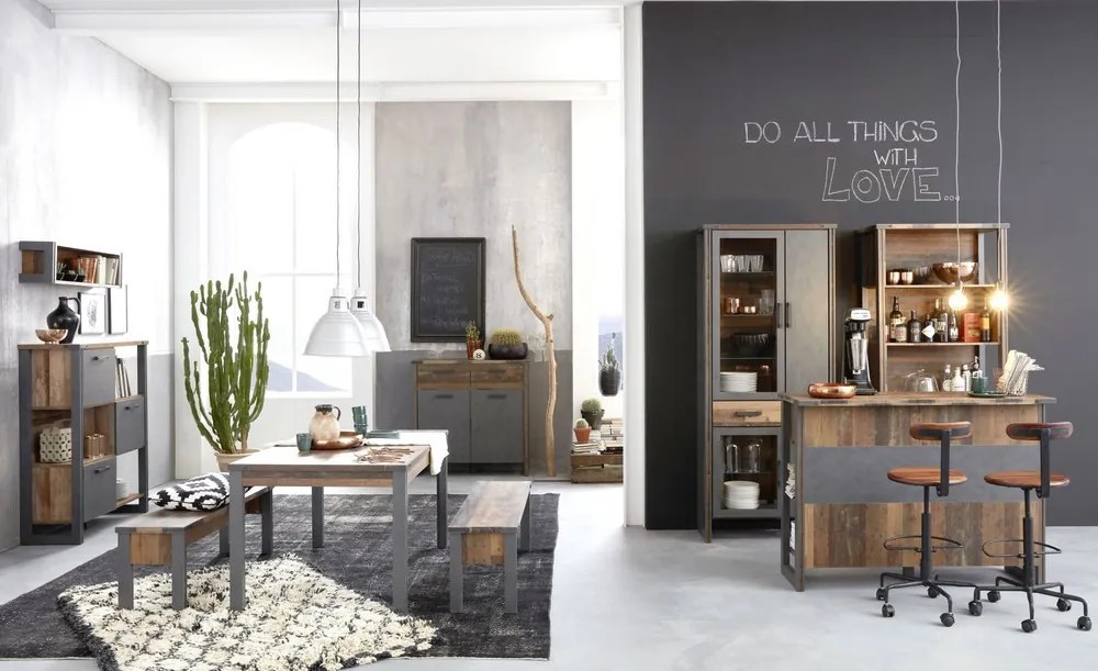 Vysoká vitrína Prime, vintage optika dreva