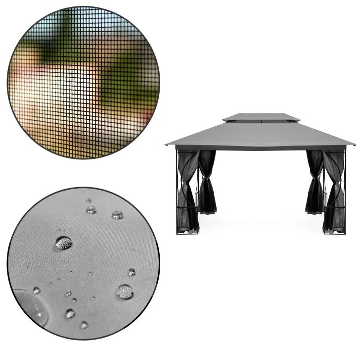 Luxusný záhradný pavilón 4x3x2,8 m - sivý - moskytiéra + plné steny