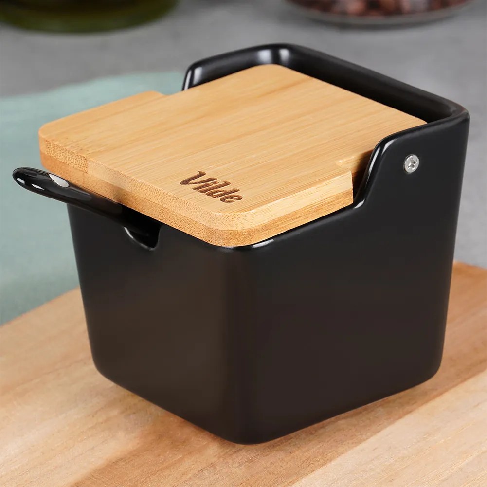 VILDE Čierna keramická dóza na cukor / soľ s bambusovým vrchnákom a lyžičkou, 250ml VILDE, hranatá