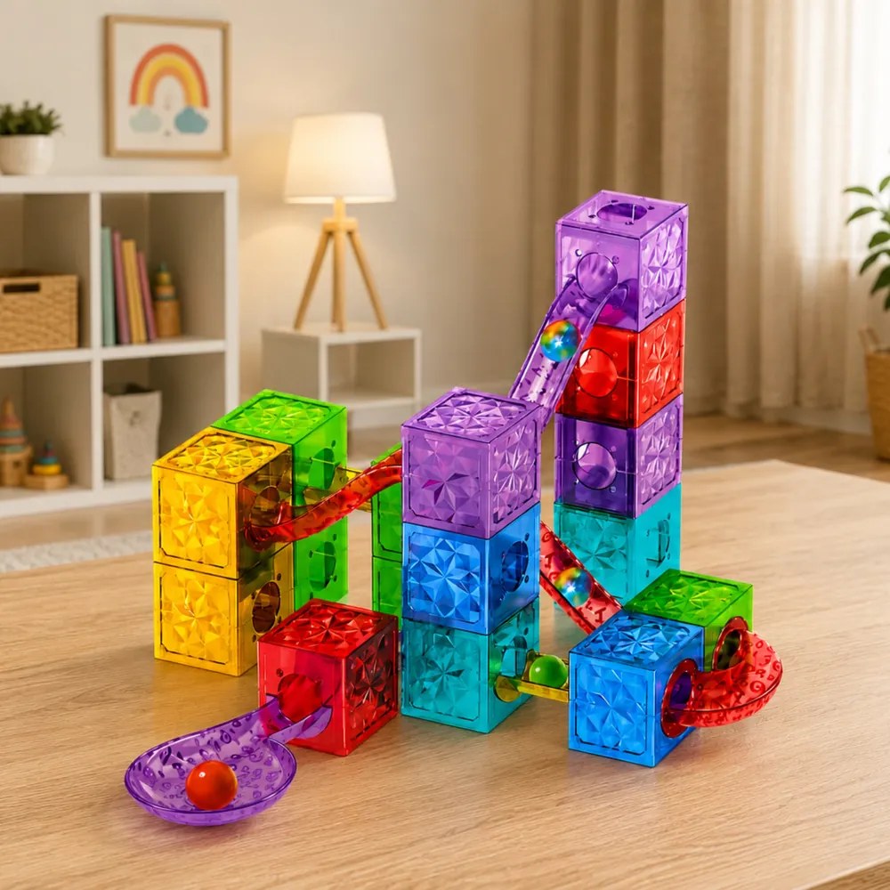 LEAN Toys Magnetické stavebné kocky – kocky, guľôčková dráha, farebné, 33 ks.