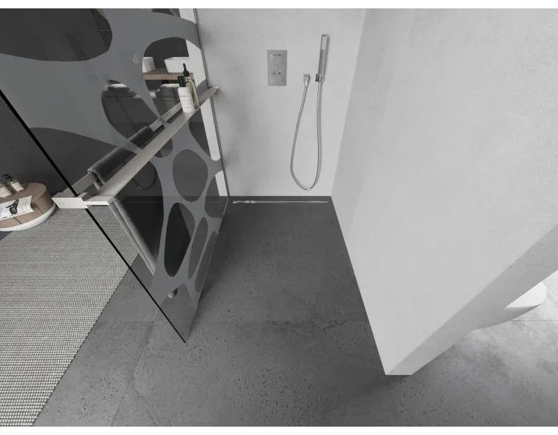 Mexen Kioto+, sprchová zástena Walk-In s poličkou a vešiakom 120 x 200 cm, 8mm číre sklo biely vzor, brúsená oceľ profil, 800-120-121-97-97