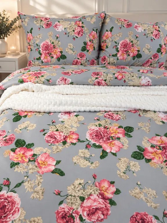 INTERMEDIC SK Bavlnené posteľné obliečky Ruže na sivom 140x200 + 70x90 cm, 100 % bavlna, zips