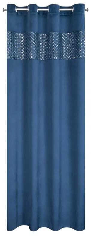 Námornicky modrý zamatový záves MARGOT na krúžkoch s ozdobným lemom 140 x 250 cm