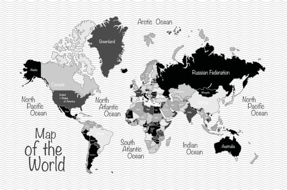 Samolepiaca tapeta neobyčajná mapa sveta v čiernobielom prevedení