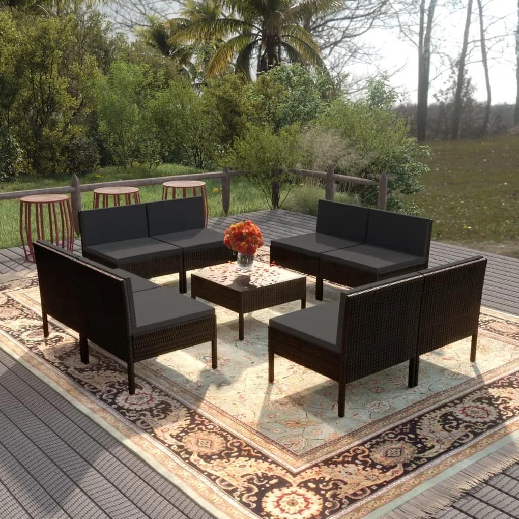 vidaXL 9-dielny záhradný sedací set s vankúšmi polyratanový čierny