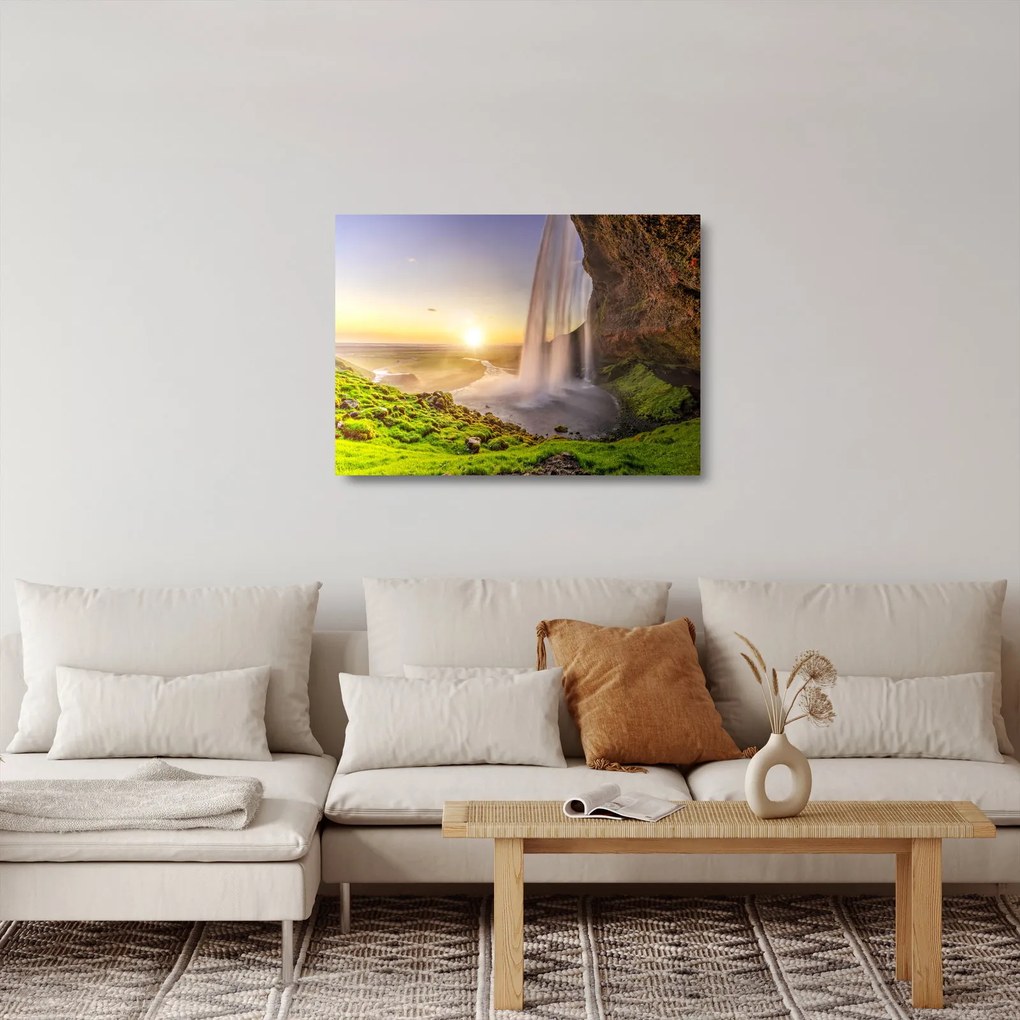 Sklenený obraz - Seljalandsfoss spoza vnútra jaskyne (70x50 cm)