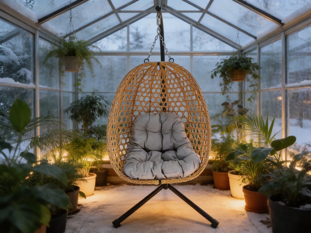 CH SKLADACIA ZÁVESNÁ STOLIČKA FARON – PRÍRODNÁ, ŠEDÝ VANKÚŠ, ČIERNY RÁM