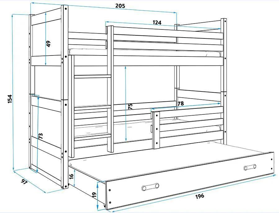 Poschodová posteľ s prístelkou RICO 3 - 200x90cm - Biely - Grafitový