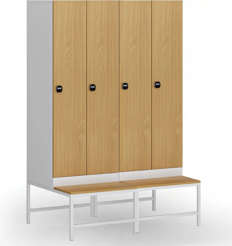 Šatníková skrinka S1 s lavičkou, 2 oddiely, 1875 x 600 x 500/800 mm, zámok s čítačkou RFID kariet, laminované dvere, breza