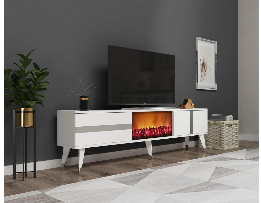 TV stolík/skrinka s krbom Vekika 3 (biela + strieborná) . Akcia -18%. Vlastná spoľahlivá doprava až k Vám domov. 1095530
