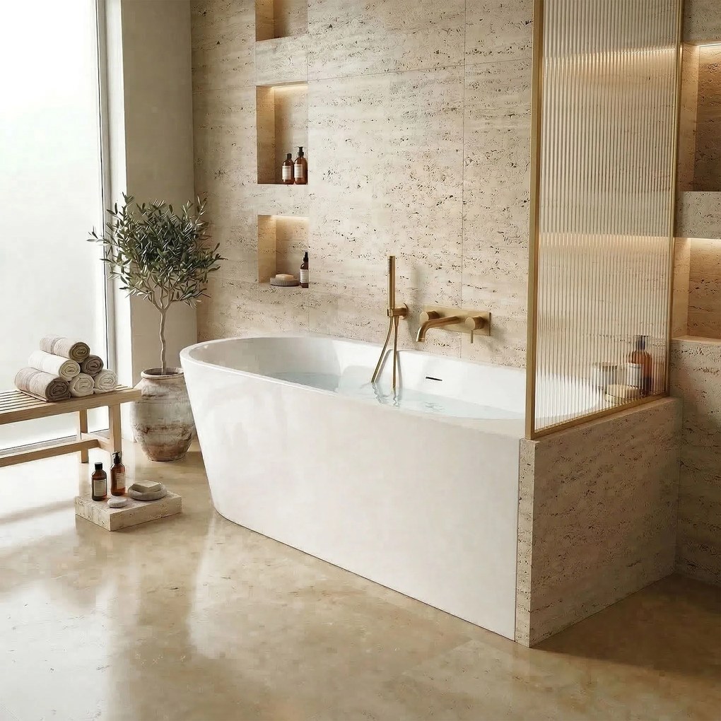 Asymetrická akrylátová vaňa s krycím panelom REA SYDNEY BELLANTO Pravá 160x75 cm, biely, sifón Click-Clack - čierny