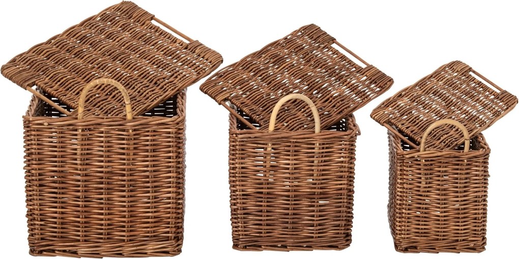 Sada 3ks hnedý prútený kôš s vekom a ušami – 49*43*49,5 / 42*35*42/ 35*42*37cm