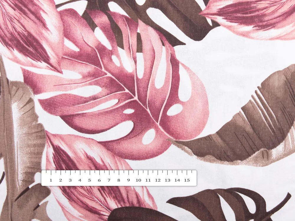 Biante Bavlnený behúň na stôl Sandra SA-227 Hnedé a staroružové tropické listy na bielom 35x140 cm