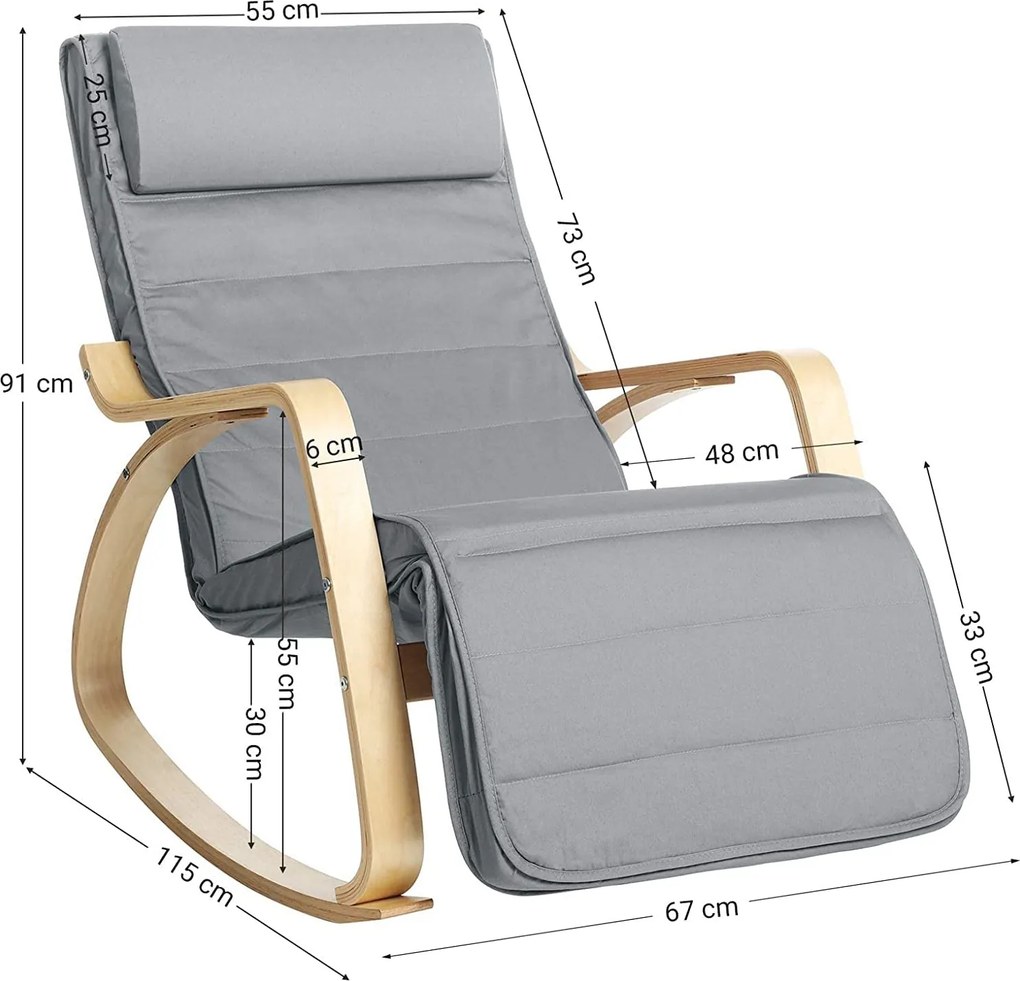 Hojdacie kreslo, relaxačné kreslo, 5-stupňová polohovateľná opierka nôh, svetlo šedé