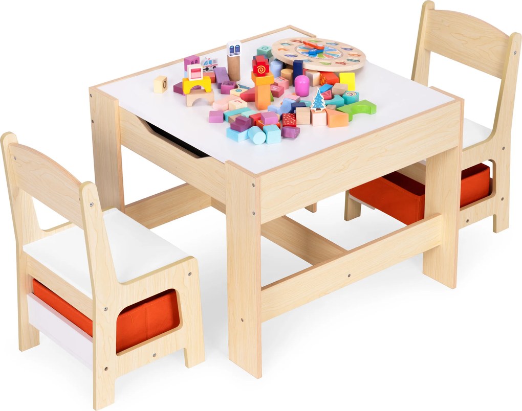 Detský set nábytku ECOTOYS – stôl s kriedovou tabuľou + 2 stoličky a úložný priestor