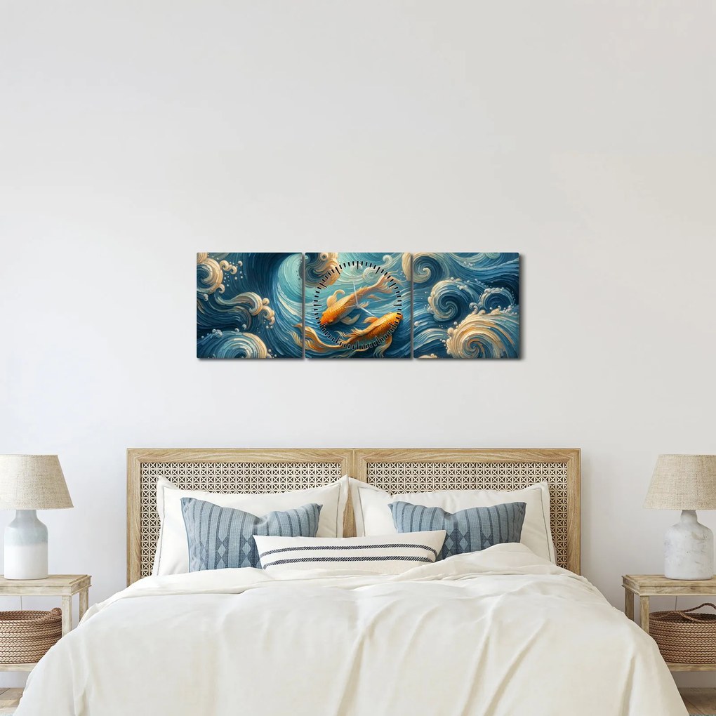 Obraz - Zlaté rybky (s hodinami) (90x30 cm)