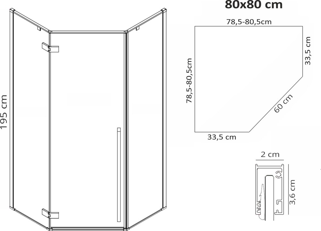 Päťuholníkový sprchovací kút REA DIAMOND 80x80 cm, čierny matný/transparent - bez vaničky