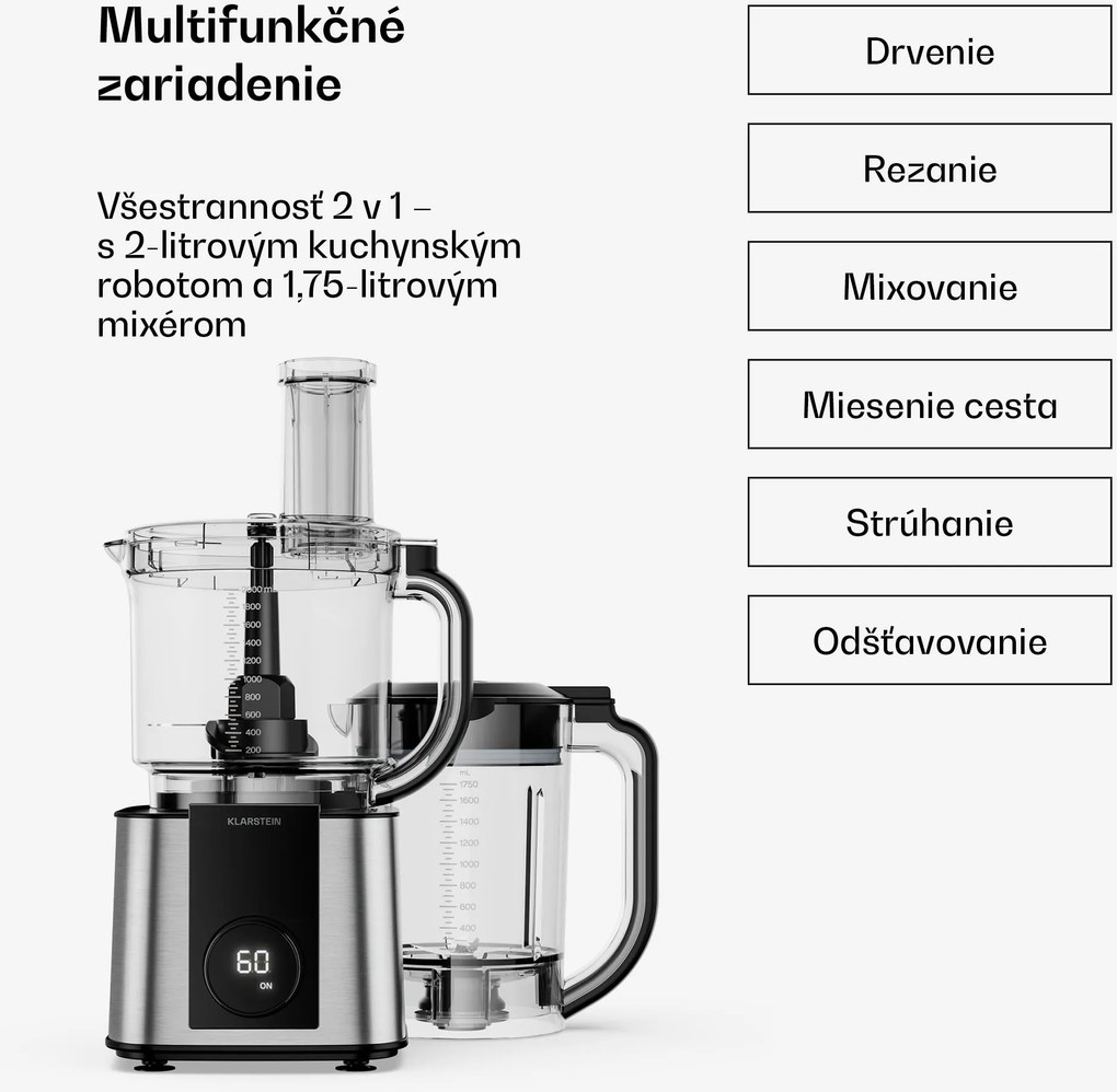 Klarstein Verosteel kuchynský robot s mixérom | Hnetenie, šľahanie a odšťavovanie | 1200 W | 2 L/1,75 L