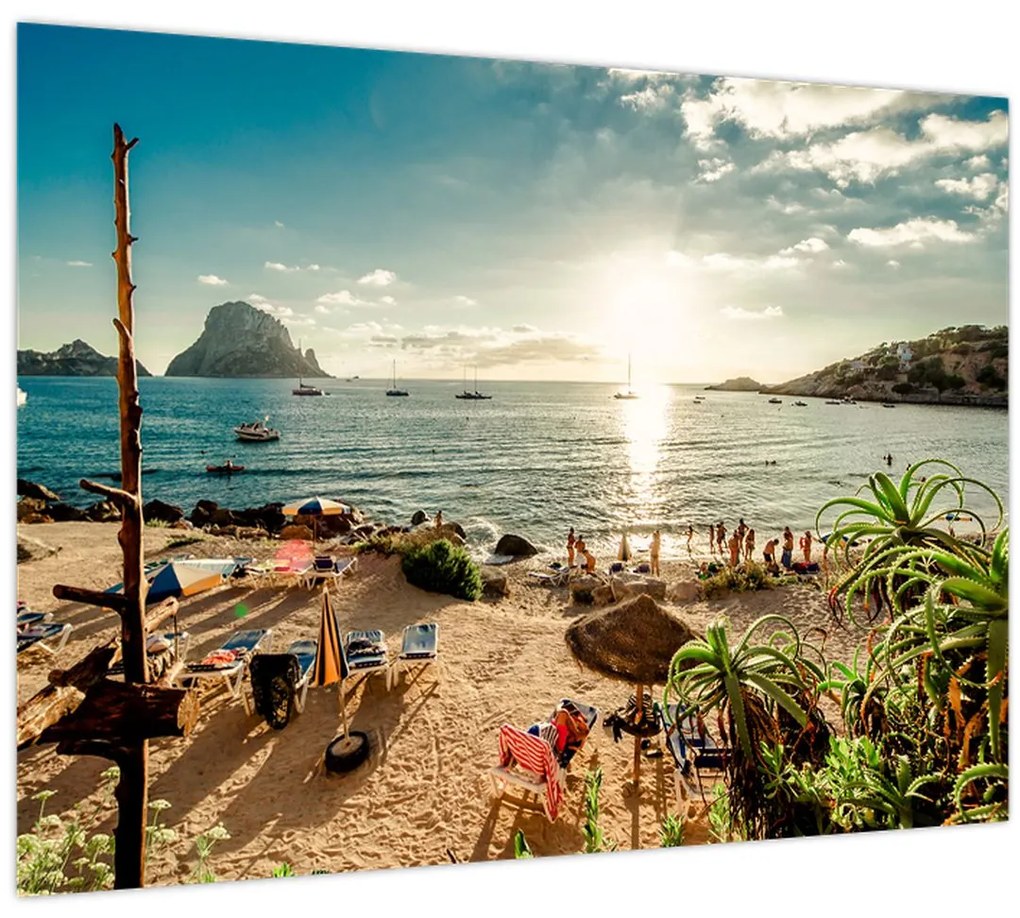 Sklenený obraz - Pláž s ľuďmi (70x50 cm)