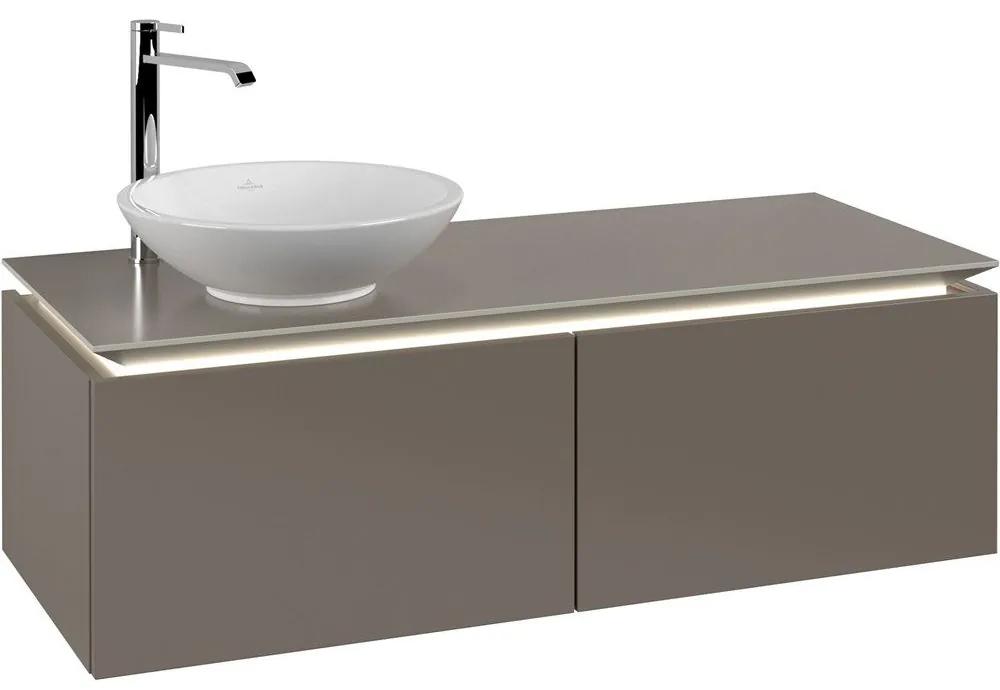 VILLEROY &amp; BOCH Legato závesná skrinka pod umývadlo na dosku (umývadlo vľavo), 2 zásuvky, s LED osvetlením, 1200 x 500 x 380 mm, Truffle Grey, B579L0VG
