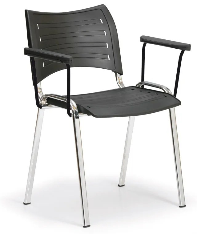 Plastová stolička SMART - chrómované nohy s podpierkami rúk, čierna