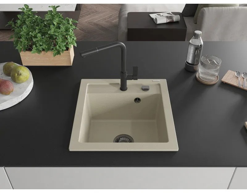 Mexen Vito, 1-komorový granitový drez 490x520x210 mm a drezová batéria Flora, béžová, 6503-69-670401-70-B