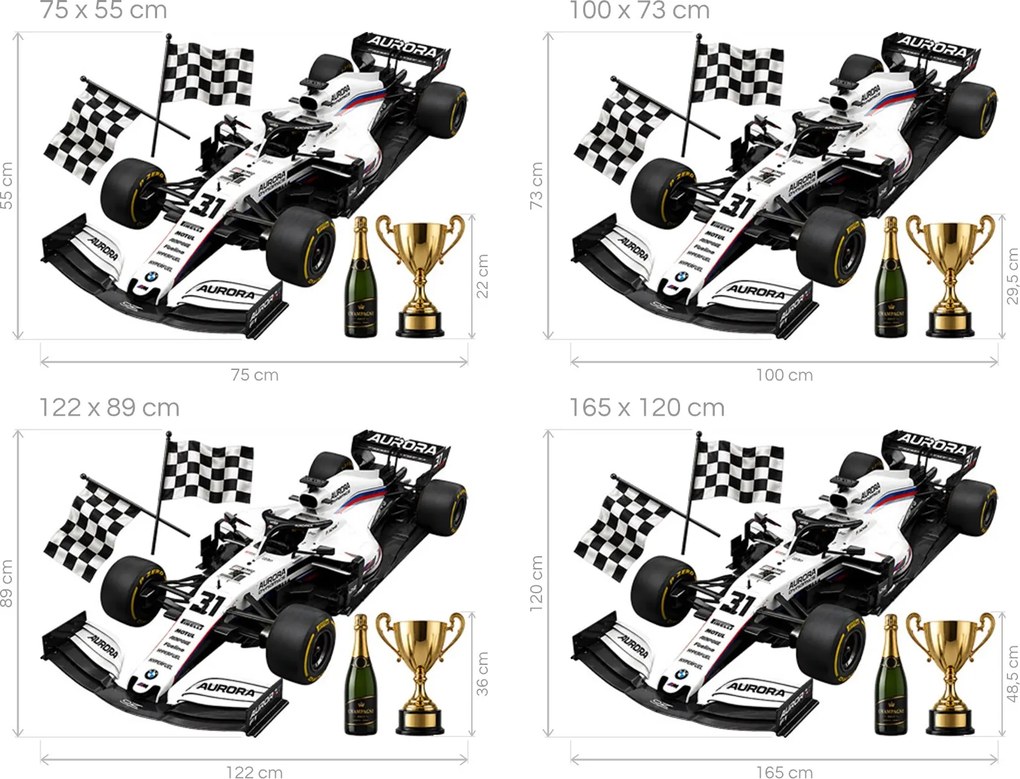 Biela formula F1 textilná preliepateľná nálepka na stenu arch 75 x 55 cm