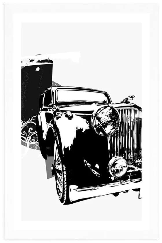 Plagát s paspartou čiernobiele retro auto s abstrakciou