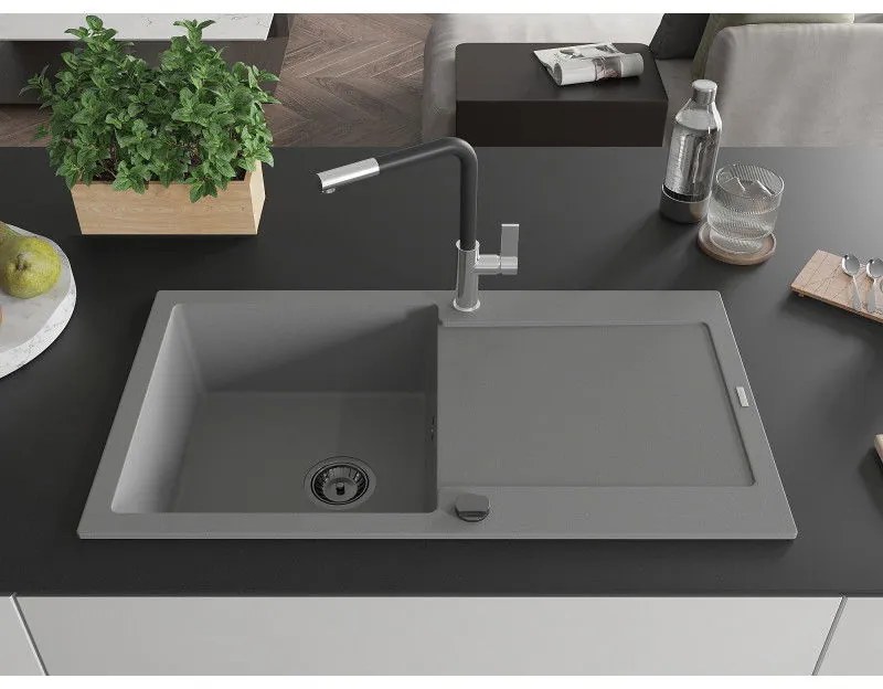 Mexen Leo, 1-komorový granitový drez 900x500x190 mm a drezová batéria Flora, šedá, 6501-71-670401-07-B