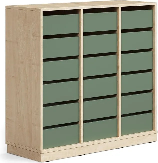 Úložná skrinka CASPER, 18 zásuviek, so soklom, breza/tmavozelená