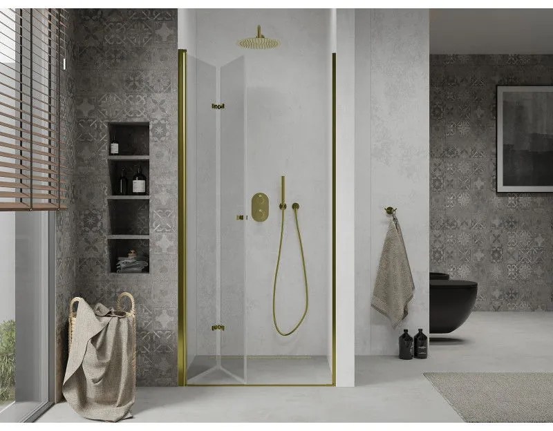 Mexen Lima, skladacie sprchové dvere do otvoru 90 x 190 cm, 6mm číre sklo, zlatý profil, 856-090-000-50-00