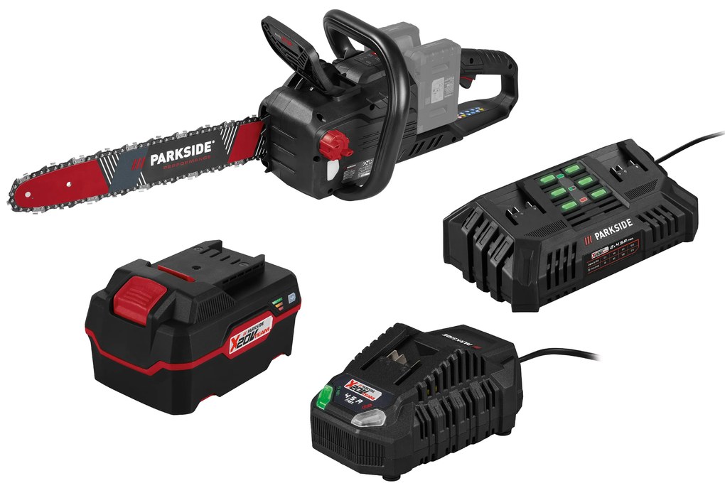 Parkside® Aku reťazová píla Ppksa + Dvojitá nabíjačka na akumulátor + Rýchlonabíjačka akumulátora 20 V/4,5 A + Akumulátor 20 V/4Ah (800011510)