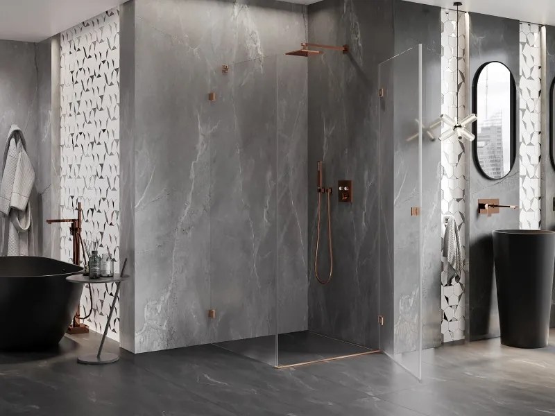 Mexen Lunar-B, pravostranný výklopný sprchový kút 90 x 90 cm, 8mm číre sklo, profil medená matná, 832-090-090-65-00-P